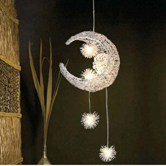 Silver Aluminum  Fairy Moon And Star Cord Pendant Lamp For Girl Bedroom Decoration Hanging Lamp Moon Lamp